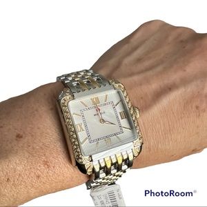 Michele Two-Tone Gold and Silver Diamond-Trim Square Watch